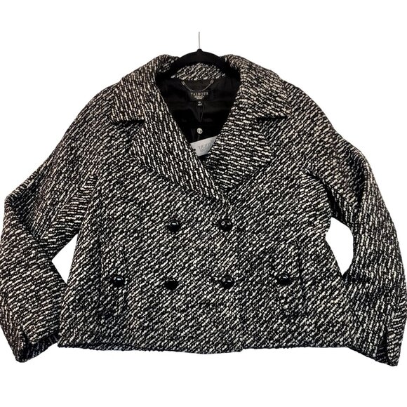Talbots Womens Jackie Fit Black White Tweed Peacoat 10P Wool Blend Timeless - Picture 1 of 14